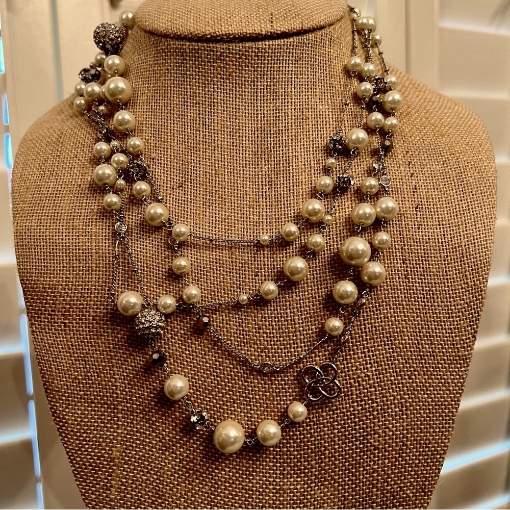 Stella & Dot NWOT Double Strand Necklace w Pearls Rhinestone Balls & Crystals